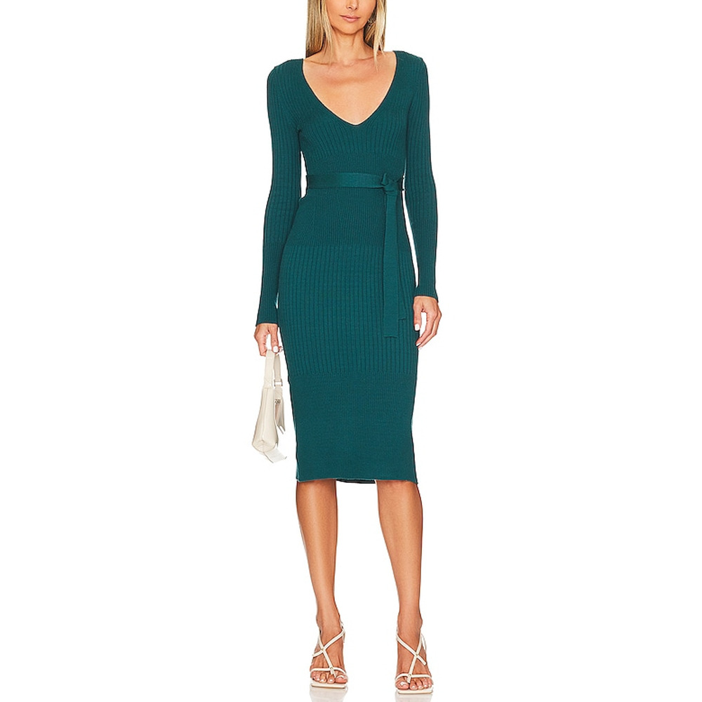 House of Harlow 1960 Teal Ribbed Long-Sleeve Midi Dress